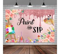 7X5ft Paint and Sip Kit Photo Backdrop Photography Background for Adults, Oil Painting Brunch Graffiti Champagne Rose Pink Floral Backdrops Photo Booth Prop Decorations Wall Decor Tablecloth
