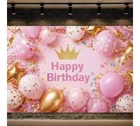 7X5ft Pink Happy Birthday Backdrop Elegant Hot Pink Crown and Balloons Photography Background Lady Girls Women Princess Theme Party Decorations Birthday Banner Photo Booth Studio Props