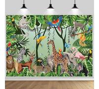 7x5FT Polyester Tropical Jungle Safari Backdrop Rainforest Wild Animals Photography Background Giraffe Elephant Kids Birthday Party Baby Shower Zoo Theme Photo Booth Banner Decor