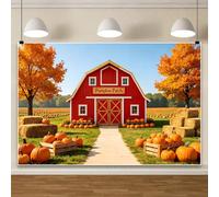 7x5FT Red Barn Backdrop Autumn Thanksgiving Pumpkin Patch Farmhouse Maple Trees Hay Bales Photography Background Kids Birthday Baby Shower Party Decoration Photo Booth Props