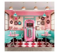 7x5FT Retro 50s Diner Backdrop Pink Jukebox Photography Background Vintage Soda Shop Photo Booth Props for 1950s Themed Party Birthday Rockabilly Decorations Supplies