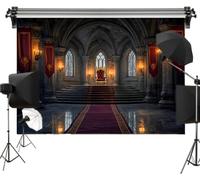 7x5FT Royal Throne Room Polyester Backdrop for Photography, Medieval Castle Hall with Red Carpet and Golden Chair, Gothic Stone Architecture Background for King Queen Birthday Party Decoration