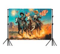 7x5ft Skeleton Cowboy Wall Backdrop Retro Western Desert Cactus Skeletal Warriors American Flag Riding Horses Fireworks in The Sky Landscape Sunset Outdoor Photography Background for Halloween