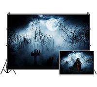 7x5ft Spooky Halloween Graveyard Backdrop Foggy Full Moon Horror Scene | Scary Misty Night Forest Dead Tree Bats Crows Cross Gravestone Halloween Cemetery Themed Party Decor Photo Booth Props Vinyl