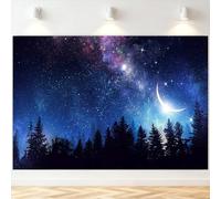 7x5FT Starry Night Forest Backdrop Crescent Moon Pine Trees Cosmic Night Sky Theme Photography Background Birthday Baby Shower Party Decorations for Newborn Kids Photo Studio Props