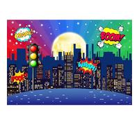7x5ft Superhero Backdrop Super City Skyline Buildings Cartoon Modern City Background for Photography Kids Children Happy Birthday Party Decoration Photo Studio Booth Props Vinyl