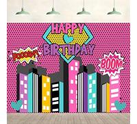 7x5ft Superhero Cityscape Happy Birthday Backdrop Comic Style Diamond Pink City Photography Background Girls Birthday Party Supplies Banner Decor Kids Children Portrait Photo Studio Props