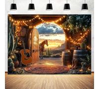 7x5ft Western Cowboy Backdrop Wild West Vintage Wooden Barn Door Horse Sunset Mountain Natural Scenery Landscape Photography Background Western Theme Party Decoration Banner Photo Booth