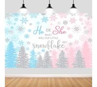 7x5ft Winter Forest Snowflake Gender Reveal Backdrop, Boy or Girl What Will Our Little Snowflake Be Pink Blue Photography Background for Baby Shower Party Decoration Supplies Photo Booth Prop