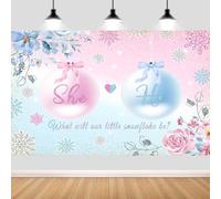 7x5ft Winter Snowflake Gender Reveal Backdrop, Christmas Glitter Pink or Blue He or She Floral Boy or Girl Baby Shower Party Decorations Photography Background Banner Photo Booth Props