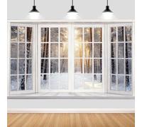 7x5ft Winter Window Photography Backdrop, Nature Snowflakes Snowy Scenery Forest French Window Background for Christmas Happy New Year Party Decorations Supplies Banner Photo Studio Props