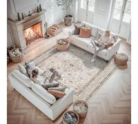 7x7 Area Rug Square for Living Room: Oriental Washable Rugs for Bedroom - Ultra Thin Low Pile Stain Resistant Carpet - Home Essential for The Elderly Kids Pet Family - 7' Square Ivory