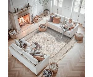 7x7 Area Rug Square for Living Room: Oriental Washable Rugs for Bedroom - Ultra Thin Low Pile Stain Resistant Carpet - Home Essential for The Elderly Kids Pet Family - 7' Square Ivory