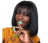 7x7 Closure Curly None Lace Front With Bangs Glueless Full Machine Made Wigs For Black Women Cat Hair Comb (Black, 14)