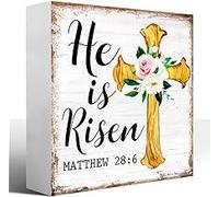 7x7 Inch Easter Religious Desk Decor,Matthew 286 Wood Sign,He is Risen Cross Sign Easter Christian Wooden Block Plaque Table Shelf Decoration for Home Office