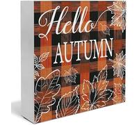 7x7 Inch Fall Signs, Hello Autumn Orange Buffalo Plaid Wooden Box Sign, Fall Autumn Decorations For Home Office Desk Table Shelf Tabletop Decor, Fall Wooden Signs, Fall Welcome Sign
