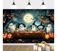 7X7ft Halloween Backdrop, Pumpkin Ghost Photography Backdrop Horror Night Party Background Cute Ghost Spooky Photo Background for Boys Full Moon Night Horror Theme Party Decor Banner, Color-1