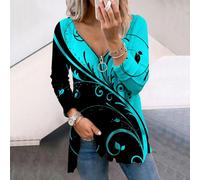 (7XL, blue) Women Autumn Creative Design Printed Long Sleeve T-Shirts Loose V-Neck Plus Size Tee Shirt Tops Comfy Blouse