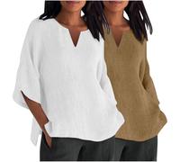 (8, 002* Brown) 2PCS Womens Tops 3/4 Sleeve Shirts Casual V Neck Cotton Linen T Shirts Plus Size Blouse Loose Fit Pullover Dressy Tshirts Going Out Tops Trendy Y2K Ou