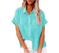 (8, 003* Light Blue) Cotton Linen Shirts for Women Trendy Button Down Shirts Rolled Cuffed Short Sleeve Summer Tops Cute Collared Casual Work Blouses Elegant Dressy Tunic