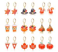 8-16 Pairs Thanksgiving Earrings for Women, Fall Earrings Set Harvest Pumpkin Turkey Maple Leaf Dangle Earrings Autumn Party Earrings Holiday Gifts, Zinc, No Gemstone