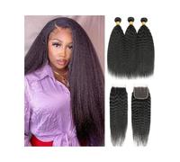8-30 Inch Kinky Straight Human Hair Bundles with Closure, Bundle with 4X4 Lace Closure(14 14 14+Closure12)