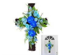 8.52 * 12.61 in Easter Front Door Wreath,Grapevine Cross Hanging Sign,Christian blue enchantress Wreaths Jesus Hanger Decoration,Gift for Home Porch Spring Farmhouse Party8.52 inches * 12.61 inches