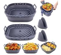 8.5Inch Silicone Air Fryer Liner, Divider & Heat Resistant Mitts | Collapsible, Foldable, Easy Clean, Non-Stick, Reusable Large Square Fryer Basket (Dark Grey)