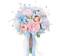 8.6in Wedding Bouquets for Bride Bridesmaid, Baby Blue Blush Pink Creamy White Bouquet with Crystal Pastel Flowers Artificial Fake Silk Roses for Wedding Rainbow Spring Beach Decoration Toss Bouquet