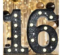 8.8" Decorative LED Light Up Numbers, Glitter Marquee Numbers Lights for 16th Birthday Decorations, Shiny Lighted Number Sign for Birthday Party Wedding Anniversary Home Decor, Glitter Black 16