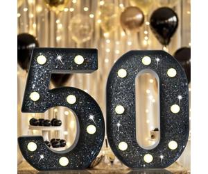 8.8" Decorative LED Light Up Numbers, Glitter Marquee Numbers Lights for 50th Birthday Decorations, Shiny Lighted Number Sign for Birthday Party Wedding Anniversary Home Decor, Glitter Black 50