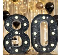8.8" Decorative LED Light Up Numbers, Glitter Marquee Numbers Lights for 80th Birthday Decorations, Shiny Lighted Number Sign for Birthday Party Wedding Anniversary Home Decor, Glitter Black 80
