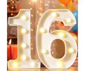 8.8" Decorative LED Light Up Numbers, Marquee Numbers Lights for 16th Birthday Decorations, Lighted Number Sign for Birthday Party Night Lights Anniversary Backdrop Home Decor, White Number 16