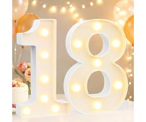 8.8" Decorative LED Light Up Numbers, Marquee Numbers Lights for 18th Birthday Decorations, Lighted Number Sign for Birthday Party Night Lights Anniversary Backdrop Home Decor, White Number 18