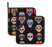 8 * 8 Inch Washable Pot Holder Set, Day of The Dead Masks Heat Resistant Pot Holder Set of 2, Cooking Oven Grill Mat Accessories