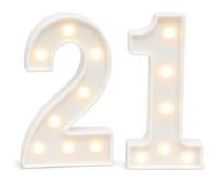 8.86 Inch LED Warm White Light Up Number for 21th Birthday Decoration | Rear Hanging Slot and Flat Base Support Shelf, Bedroom, Photo-Area and Celebration Setups Without a Nearby Mains Socket.