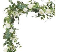 8.9 FT Flower Garland, Eucalyptus With Flowers Greener Artificial Runner Wedding Arrangement Decoration for Wedding Party(White)