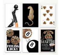 8 Ball Poster, Cheetah Canvas Wall Art, Feeling Lucky Dice and Playing Card Leopard Print Room Decor, Black High Boots Aesthetic Poster, 6pcs Funky Magazine Cover Picture for Wall 24x36in Unframed