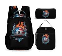 8 Billiards U.S.A. Flag Flame Waves Backpacks With Lunch Bag Pencil Pen Case Cute Laptop Travel Daypack 3 Piece Set
