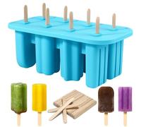 8 Cavity Ice Lolly Moulds with 48pcs Wooden Sticks, Reusable Silicone Popsicle Mould, BPA Free Ice Pop Moulds, Homemade Ice Cream Mould for Kids Adults Summer DIY Home Kitchen Tools (Blue)