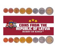 8 Coins from Latvia | Latvian Coin Set Collection 1 2 5 10 20 50 Santimu 1 2 Lati | Circulated 1992-2009 | Cow | Salmon | Lion | Griffin | Pine Tree