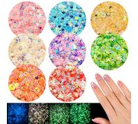8 Colors Luminous Clay Slices Charms, VEINARDYL 3D Nail Art Slices Fruit Flower Butterfly Themed Glow in The Dark with Imitation Pearl Sequins for DIY Crafts Resin Slime Making Cellphone Decor