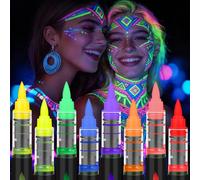 8 Colour Neon Face Body Paint Markers with 54 Stencils, Glow in the Dark Face Paint Pens Under UV Light, Safe & Waterproof Temporary Tattoo Pens for Halloween, Easter, Music Festivals, Neon Party