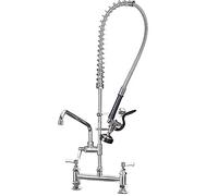 8" Commercial Kitchen Sink Mixer Tap - Brass Twin Pedal Unit with Swivel Spout & Pre-R Spray Head Chrome Plated 200mm Deck Mount Perfect for Professional Use