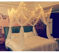 8 Corner Bed Canopy with 100 LED String Lights - Battery Operated Bed Netting - Unique Style 4 Door Square Canopy - Boys and Girls Bedroom Decor - Halloween - Twin to King Sizes (White)