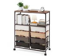 8-Drawer-Plastic-Rolling-Storage-Utility-Craft-Organizer-Trolley-Cart on Wheels with Wooden Tabletop & Opening Shelf for Home, Office, Classroom, Makeup, Kid Room, Brown