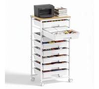 8 Drawer Rolling Storage Trolley with Wooden Worktop, Plastic Drawer Organiser Cart on Wheels with Lockable Silent Castors & Anti-Fall Latch, Makeup Beauty Craft Kitchen Storage
