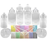8 Empty Plastic Sweet Jars, 2 tongs and 50 bags, 11 colours to choose from - Simply add sweets to create your sweet table (Gold)