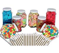 8 Empty Plastic Sweet Jars with white lid, 2 tongs and 50 bags, 11 colours to choose from - Simply add sweets to create your sweet table (Gold)