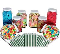 8 Empty Plastic Sweet Jars with white lid, 2 tongs and 50 bags, 11 colours to choose from - Simply add sweets to create your sweet table (Green)
